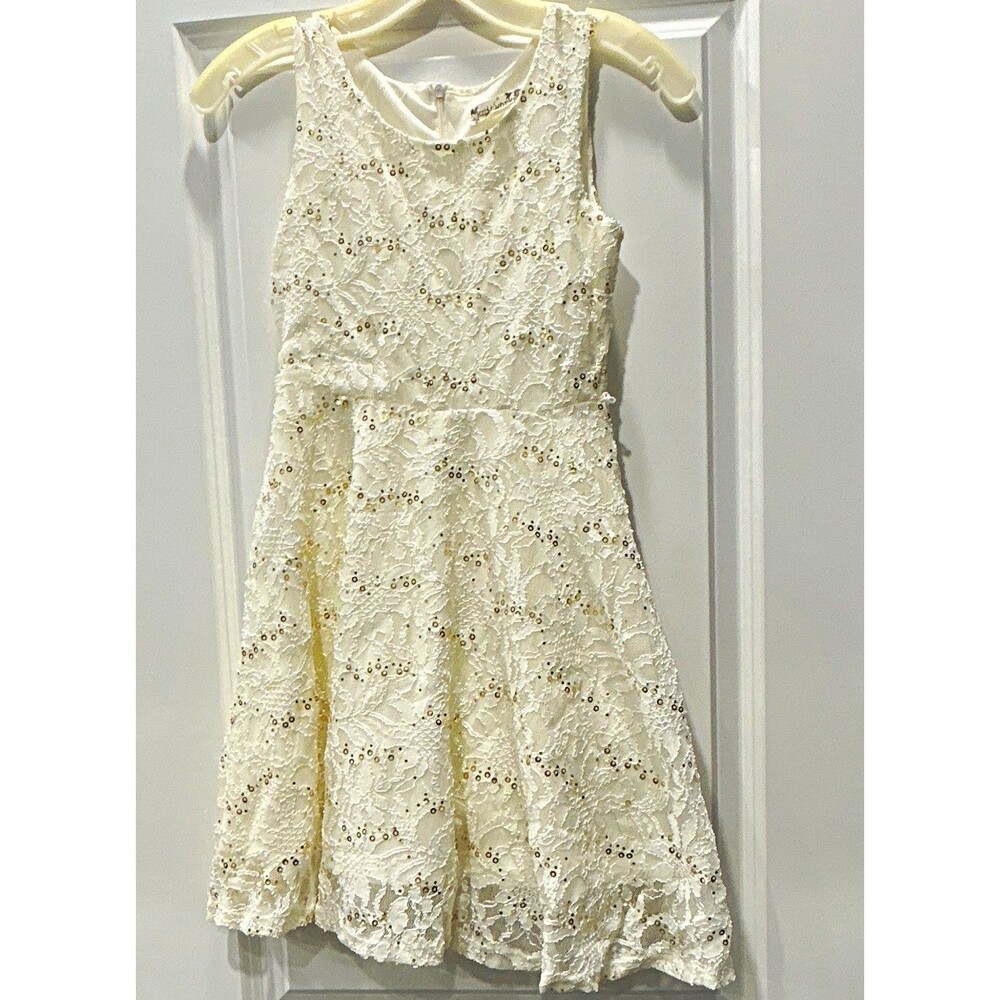 Knitworks Girls Ivory Lace Sequin V-Neck Sleeveless A-Line Short Dress: Size 12